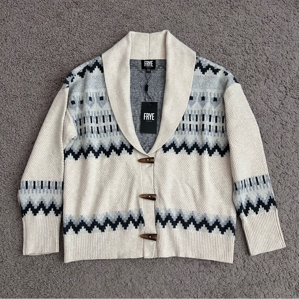 Frye Oatmeal Heather Shawl Collar Fair Isle Cardigan Sweater Toggle Womens M